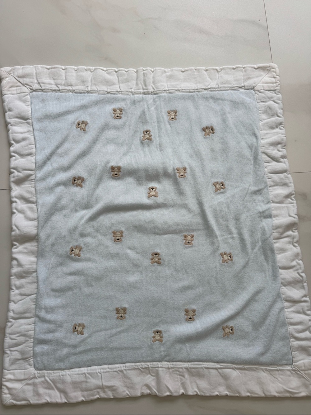 Neiman Marcus Light Blue & White Teddy Embroidered Baby Blanket 23x27 inches